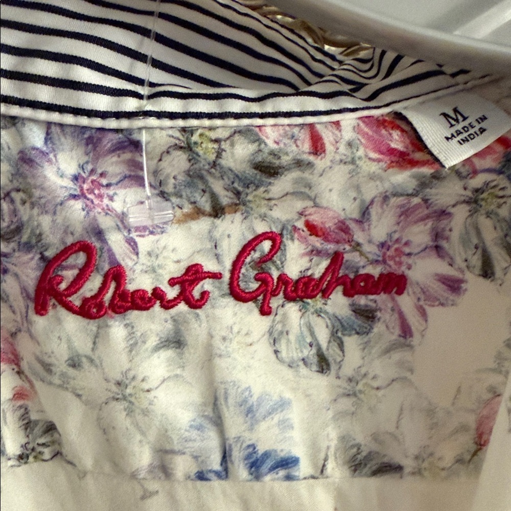 Robert Graham White Shirt with Black Stripes and Floral Accents - Picture 4 of 8